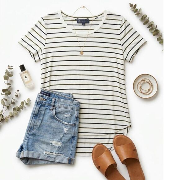 Wantable Tops - WANTABLE Striped High Low Tee Olive Green Navy Blue Crew Neck Top Size Medium